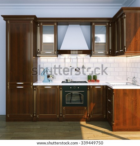 Classic Wooden Kitchen Interior with white tiles. 3D render