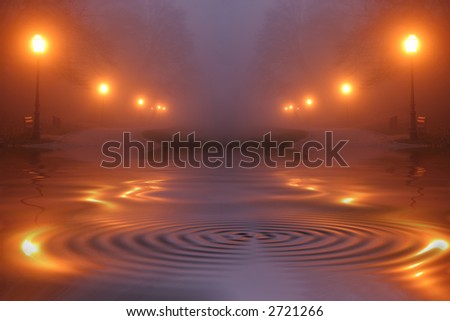 Street lights in fog at night