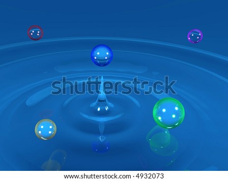 Colorful water drops with wavy water surface