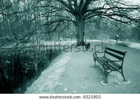 Infra red photo of bench in park