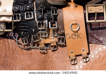 Hand made leather belts on display