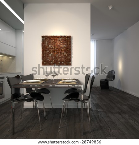 Modern kitchen in white minimalist apartment (3D render - all visible art self-modeled)