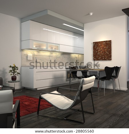 Contemporary minimalist flat with open-plan kitchen (3D render)
