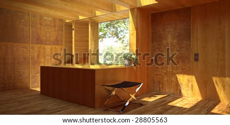 Sunny modern interior with wood paneling (3D render)