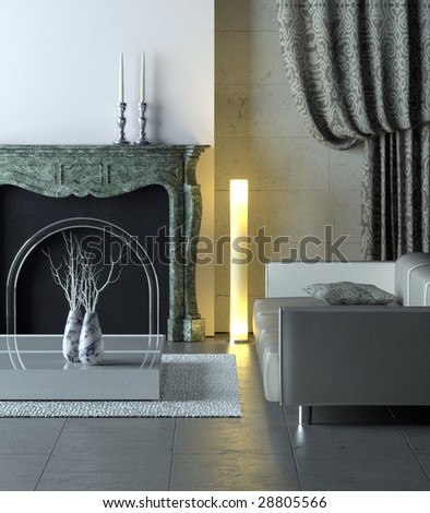 Modern interior with classical marble fireplace (3D render)