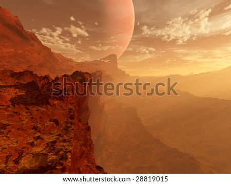 Mars landscape with giant moon and sunset (3D render)