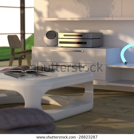 Modern interior with designer furniture and patio (3D render)