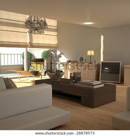 Beige contemporary modern interior with LCD television (3D render)