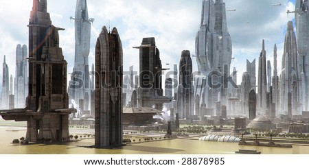 Science-fiction city with giant skyscrapers and flying spaceships