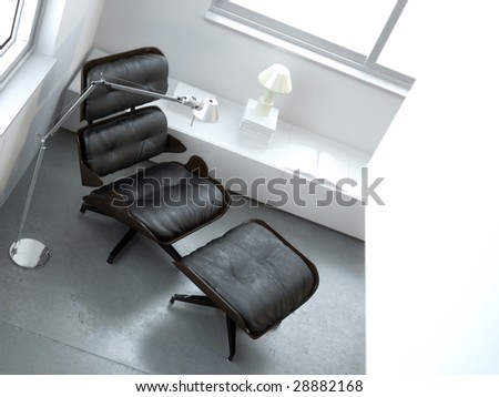 Minimalist white interior with leather armchair (3D render)