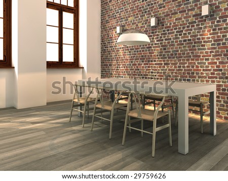 Modern dining corner with rough brick wall, table and chairs (3D render)