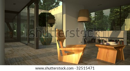 modern minimalist interior with designer furniture and garden background (3D render)