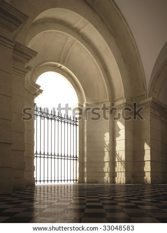 Baroque vaulted entrance hall with sun rays and dust particles (3D render)
