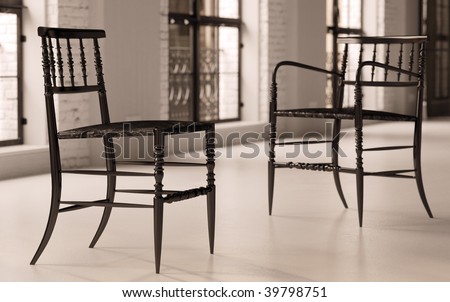 Contemporary industrial loft living room with black antique chairs (3D render)