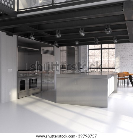 Modern steel kitchen in converted industrial loft (3D render)