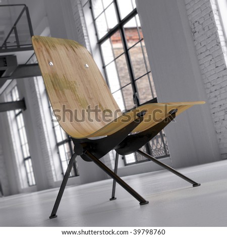 Vintage lounge recliner in converted industrial loft (3D render)