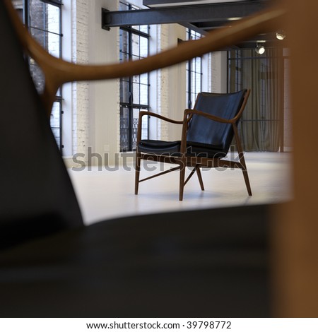 Vintage Scandinavian armchair in converted industrial loft (3D render)