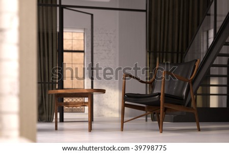 Classic Danish armchair and side table in converted industrial loft (3D render)