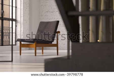 Modern Danish recliner in converted industrial loft interior (3D render)