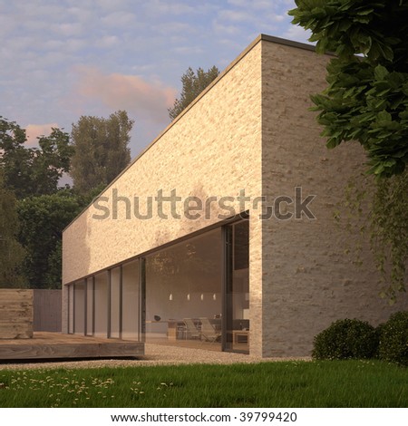Modern minimalist house with wood deck in garden (3D render)