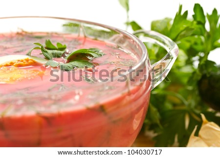 Cold beet soup with cucumbers, herbs and yogurt