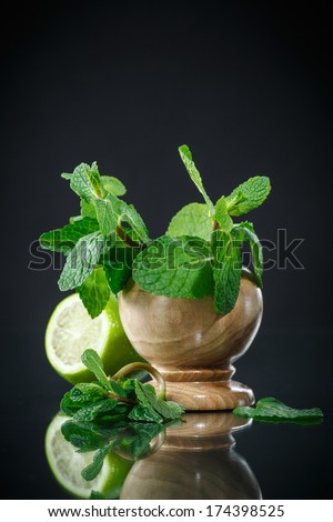 bunch of mint and lime on black background