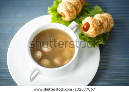 soup with sausages and sausage rolls for dinner
