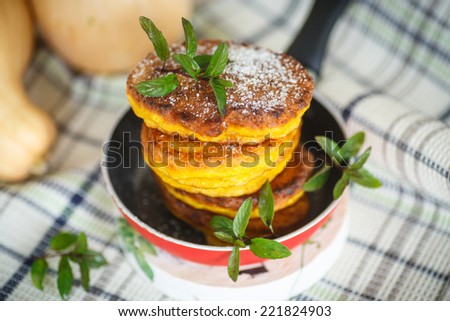 sweet vegetable pumpkin pancakes with mint in a pan