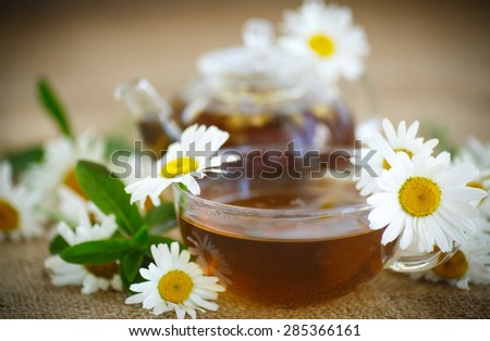 chamomile tea in glass teapot on the table