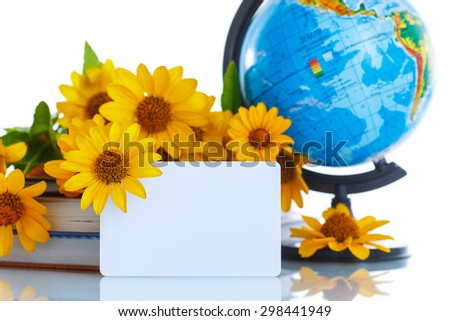 Globe with books and flowers on a white background