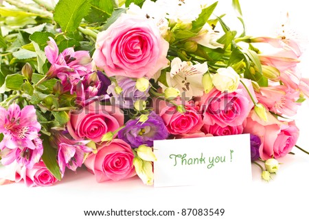 beautiful bright bouquet of roses, Lisianthus and other flowers on a white background