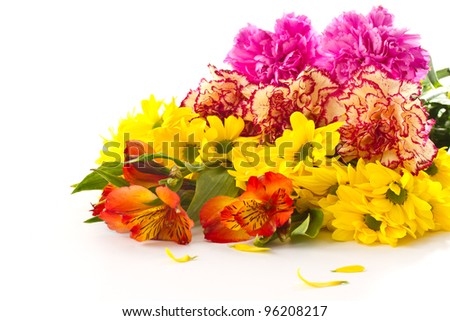 bouquet of red gerberas, carnations and chrysanthemums on white background