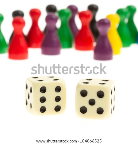 Large collection of pawns (different colors) with two dice