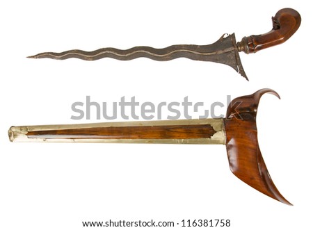 Antique typical Indonesian kris knife, isolated on white