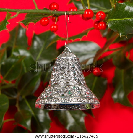 Old silver bells hanging in Butcher\'s broom, isolated