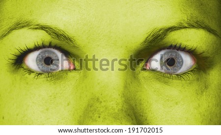 Women eye, close-up, blue eyes, yellow skin