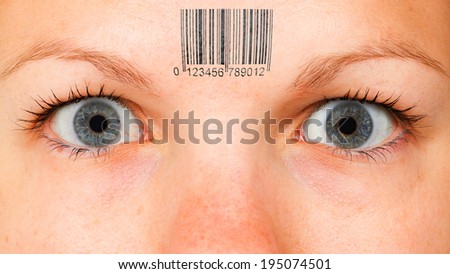 Women eye, close-up, minimum make-up, barcode
