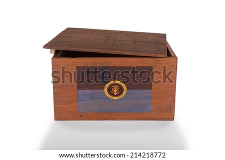 Wooden crate isolated on a white background, presidential seal