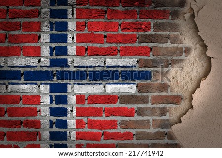 Dark brick wall texture with plaster - flag painted on wall - Norway