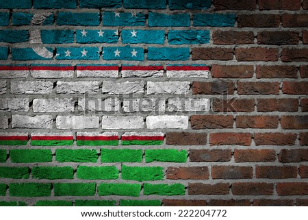 Very old dark red brick wall texture with flag - Uzbekistan