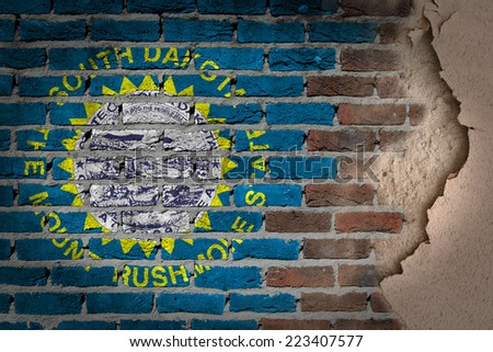 Dark brick wall texture with plaster - flag painted on wall - South Dakota