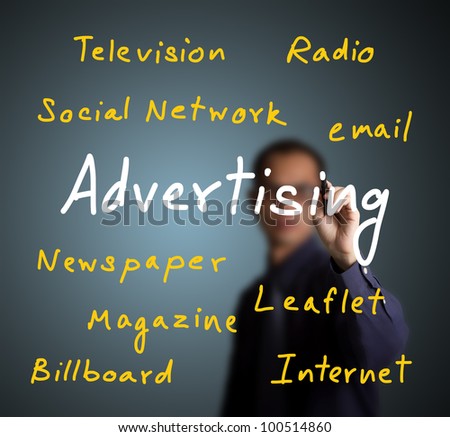 business man writing advertising concept with various media type