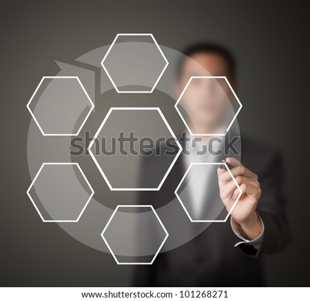 business man drawing one core and six clockwise stage flow component diagram