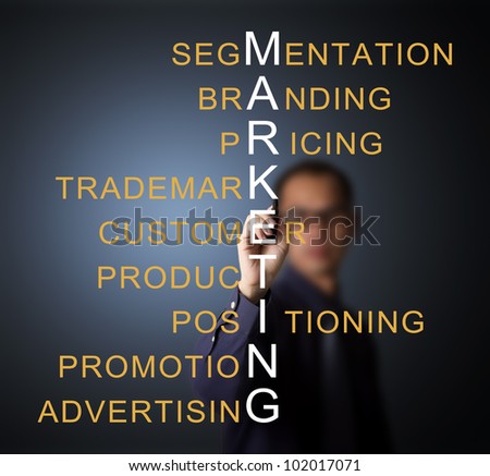 business man writing marketing concept by crossword component ( branding - pricing - positioning - product - promotion - advertising - trademark - segmentation - customer )