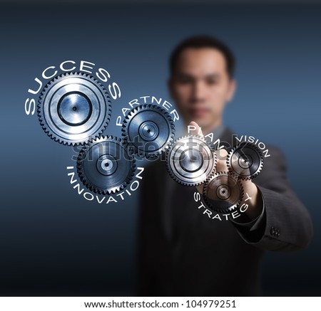 business man driving business process gear of vision - strategy - plan - partner - innovation - success