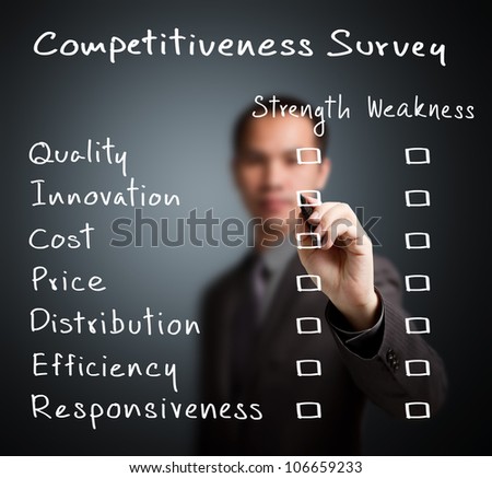 business man writing competitiveness survey form of business strength and weakness ( quality, innovation, cost, price, distribution, efficiency, responsiveness )