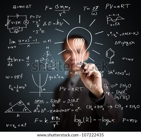 smart teacher writing various high school maths and science formula with light bulb ( symbol of idea and solution )