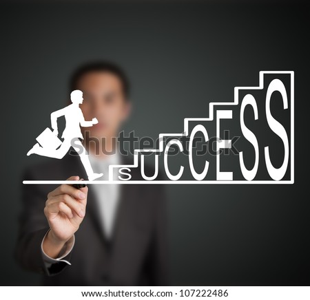business man start to run and climb up  success stair figure drawn by a businessman