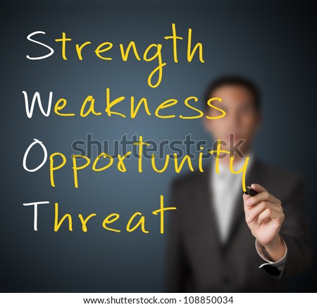 business man writing swot analysis concept ( strength - weakness - opportunity - threat )