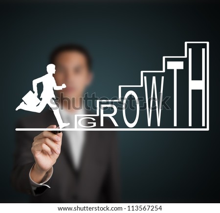 business man start to run and climb up  growth stair figure drawn by a businessman